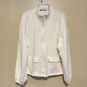 NWT Otos Activewear White Full Zip Athleisure Jacket Flap Pockets Stretch 2X